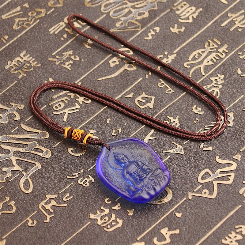 Unik naturlig blå krystal udskåret buddha heldig amulet vedhæng halskæde til kvinder mænd sweater vedhæng smykker
