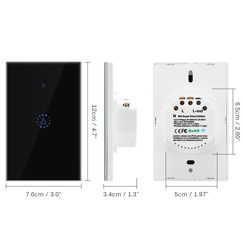 Smart Wifi Water Heater Boiler Switch 20A 3000W Glass Panel High-Power Timmer Mobile APP Voice Control with Alexa Google Home