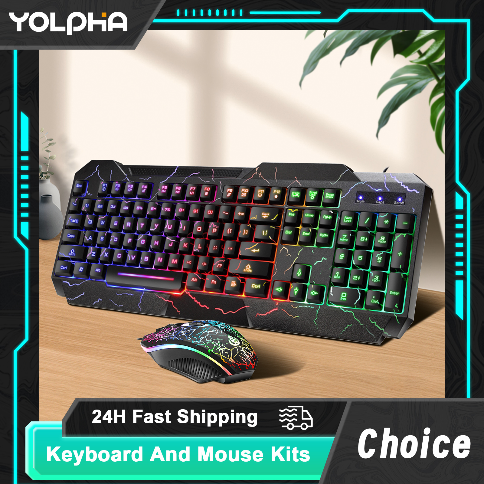 Gaming-Tastatur und Maus-Set, kabelgebunden, RGB-Hintergrundbeleuchtung, Crack Rainbow Glow, ergonomische USB-Kabel-Computertastatur für MAC PC Gamer