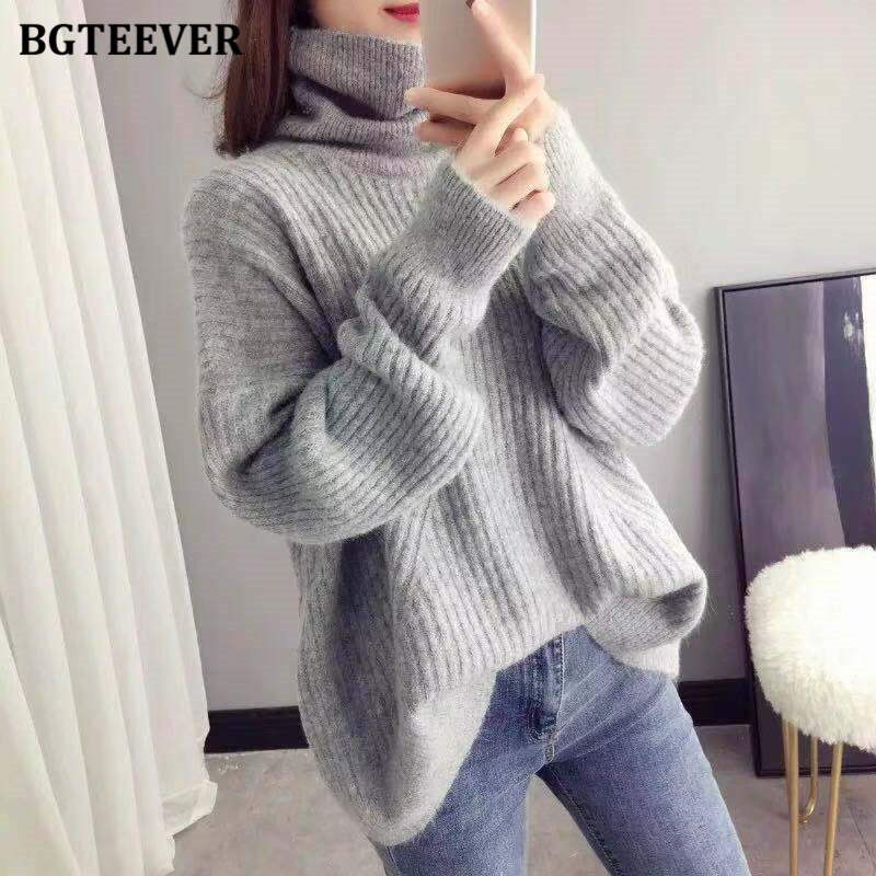 Bgteever Elegante Losse Coltrui Thicken Vrouwen Trui Mode Lange Mouw Vrouwelijke Trui Truien Winter Breien Trui: gray