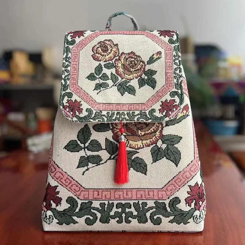 Sacs à dos brodés de style ethnique pour femmes, streetwear vintage, décontractée, sac de voyage Harajuku, sac en toile de sport: Rouge