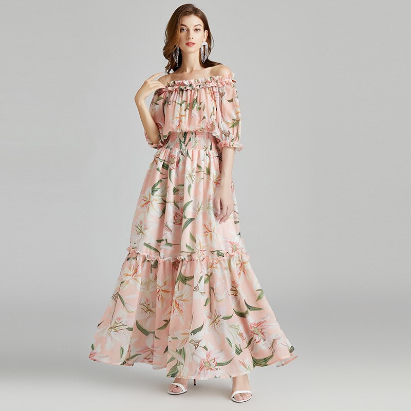 Vacation Abstract Tulip Print Graceful Slip H-Line Maxi Dress