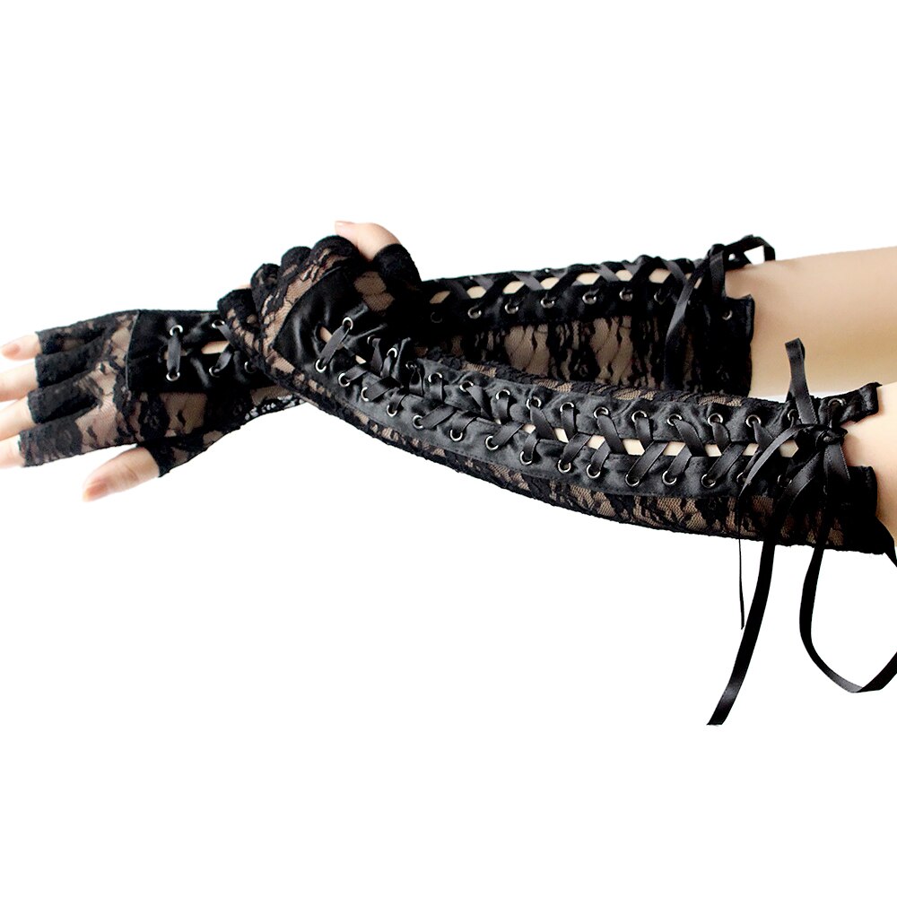 1 Paar Halloween Vintage Kant Lange Handschoenen Vrouwen Punk Gothic Mittens Vingerloze Cosplay Party Handschoenen Ceremoniële Bal Handschoenen