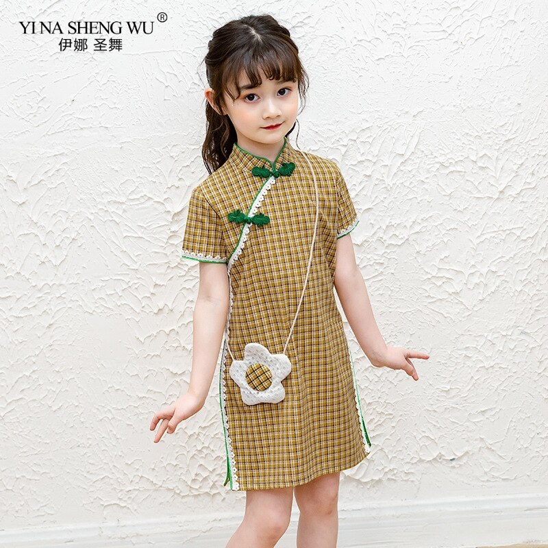 Bébé fille rose/jaune treillis Qipao robe chinois Cheongsam enfants robes en dentelle vêtements robe de princesse porter avec un sac d'enfant: Yellow / 90