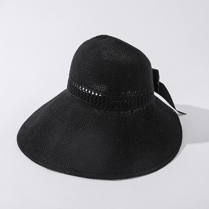 Zomer Boog Zon Hoeden Lege Top Hat Vrouwen Uitsparing Strand Hoed Vrouwen Zon Cap Lint Knit Raffia Zonnehoed uv Protction Caps: Black