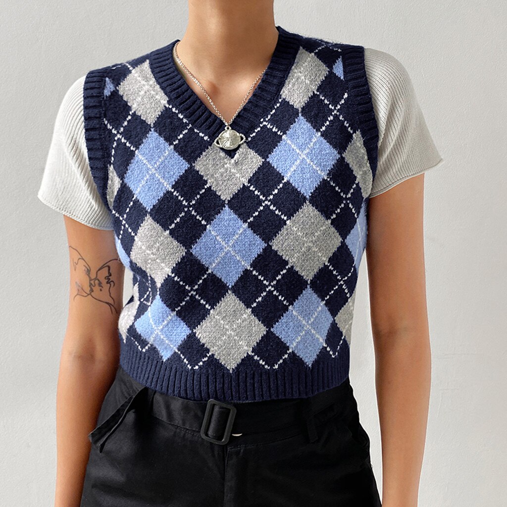 Dames v-hals vintage argyle gebreide trui vest – Grandado - Main Image