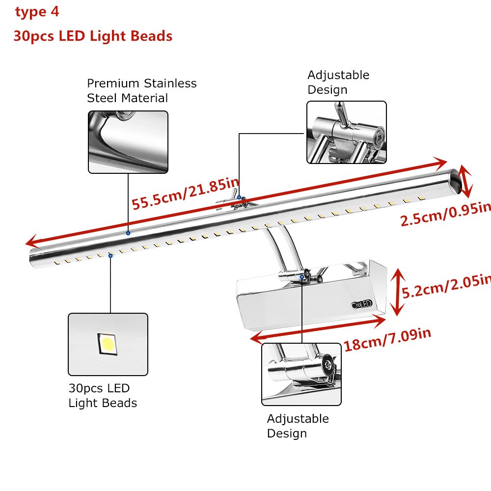 Led spejl lys badeværelse skab lys make-up spejl lys forfængelighed lys væglamper  ip44 neutral hvid produkt længde : 300mm: Type 4