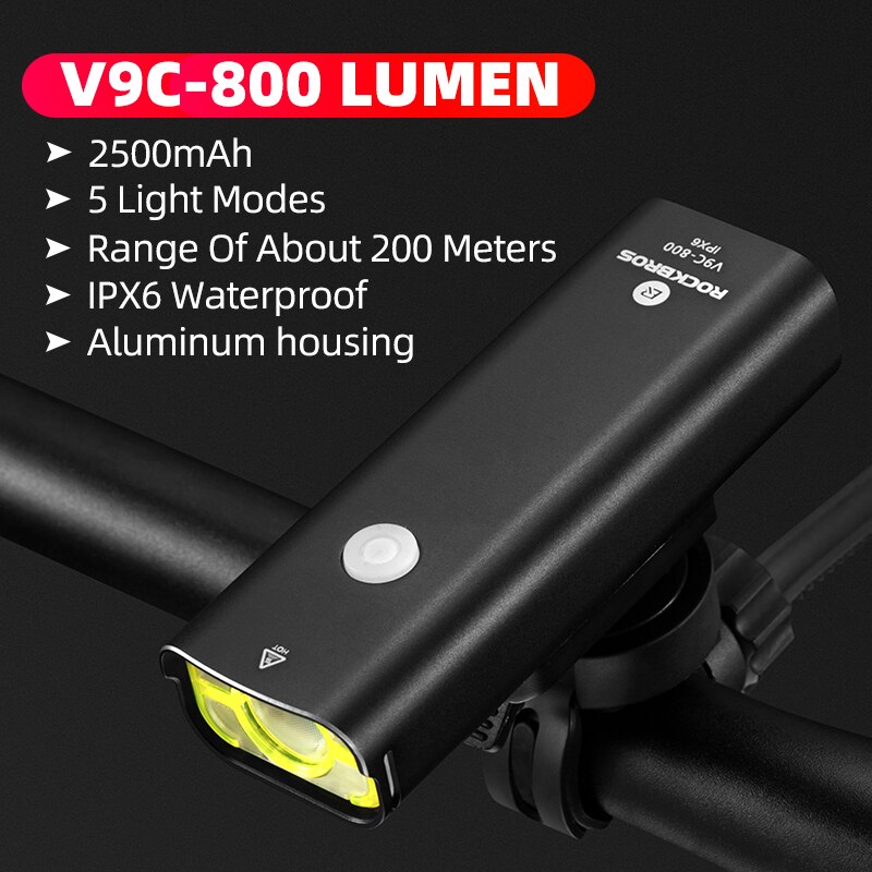 ROCKBROS 800 Lumen Bike Headlight High Power Bicycle Handlebar Front Lamp Waterproof Rechargeable LED Flashlight Cycling Light: V9C-800 Lumen
