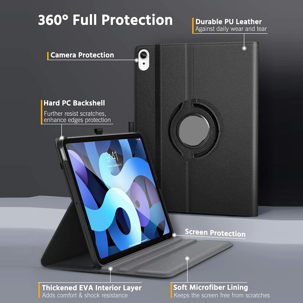 For Apple iPad Air 4th Generation 10.9" Rotating Smart Case Leather Folding Stand Cover with Auto Wake/Sleep Function