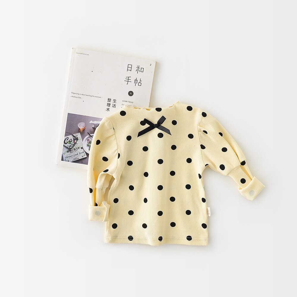 Camiseta con dibujo de lunares para niña, blusa de manga larga con cuello redondo para bebé, playera de manga larga de algodón para niña: 11028beige / 3T   100cm