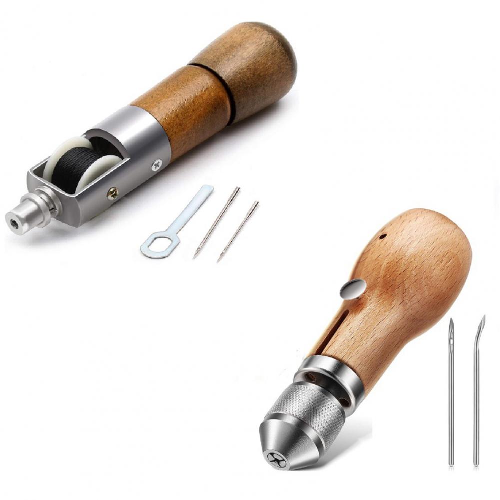 Leather Hand Stitcher Handheld Comfortable to Grip Wood Handle Stitching Awl Set for Thick Fabric Leather Sewing Aw