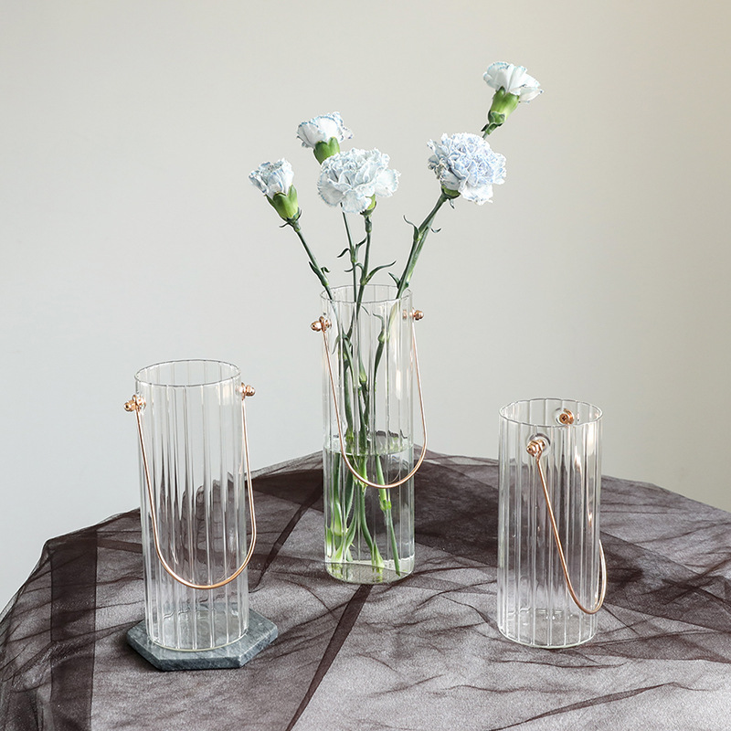 Cutelife nordic ins simpelt metal bærbart stribet gennemsigtigt glas vase tekstur blomster blomster arrangement hydroponisk boligindretning
