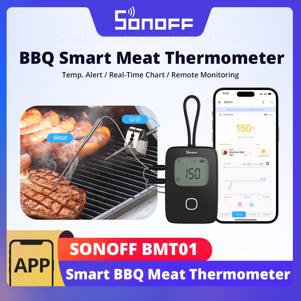 SONOFF BMT01 BBQ termometr do mięsa zdalne monitorowanie alarm temperatury grill piekarnik sonda do grillowania współpracuje z aplikacją eWeLink