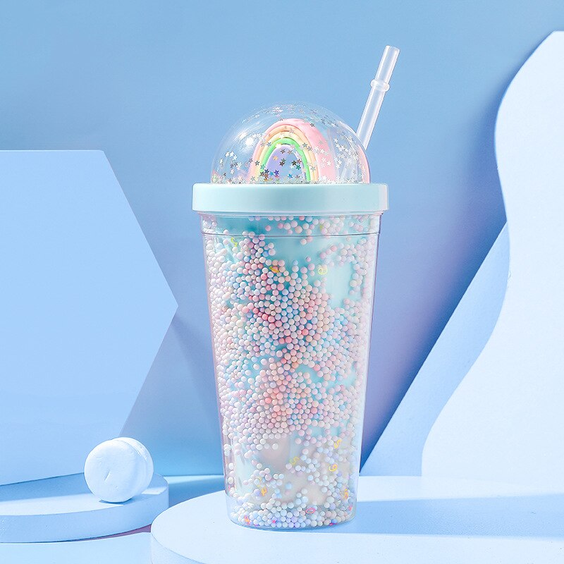 550ml Kawaii Cute Drinkware Rainbow Foam Straw Cup Girl Home Office Water Bottle Plastic Double Layer With Straw Girl