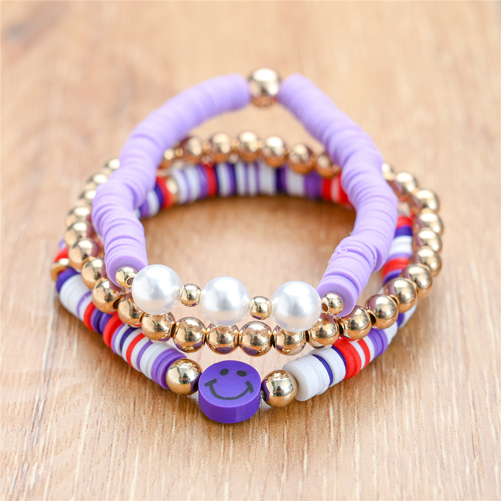 Boho Kleurrijke Polymeer Klei Smiley Gezicht Vriendschap Armband 3 Stks/set Ronde Kralen Multilayer Wrap Armband Vrouwen Polsband: set 6