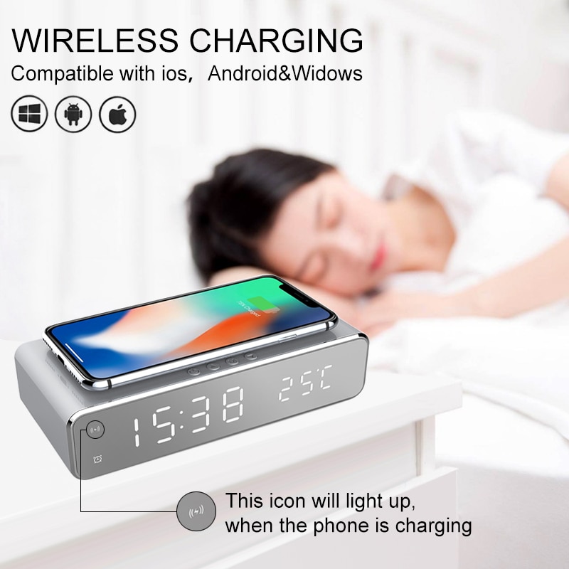Elektrische Led Wekker Met Mobiele Telefoon Draadloze Oplader Hd Klok Spiegel Met Tijd Geheugen Digitale Thermometer Klok