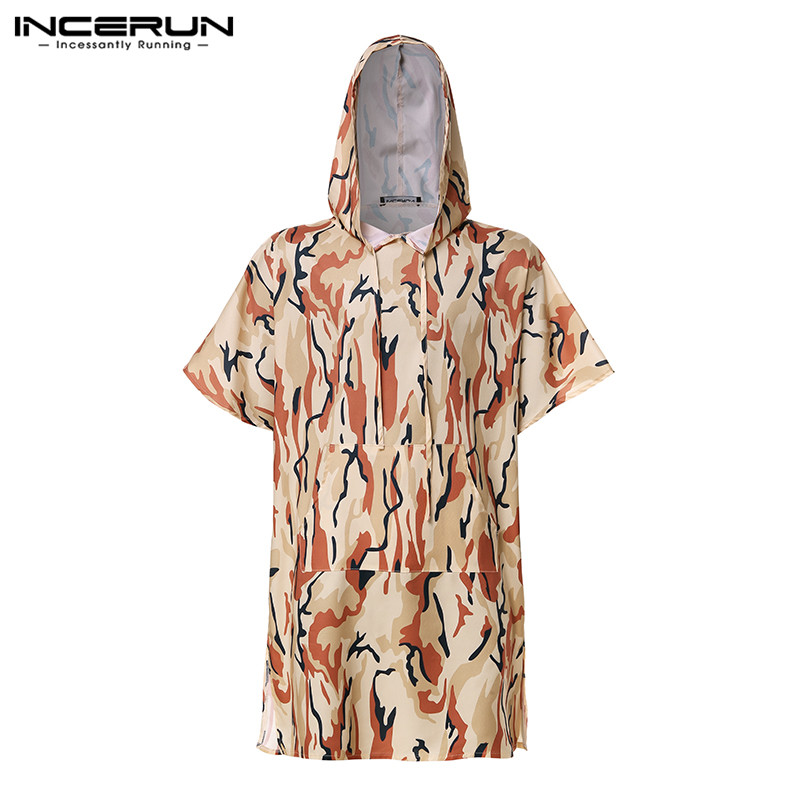 INCERUN Mannen Camouflage Korte Mouwen Hoodie Poncho Strand Cape Mantel Casual Mens Badjas Hoodies: Geel / S