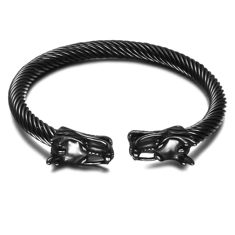 Jahrgang Schwarz Farbe Drachen Kopf Mund Öffnen Manschette Armbinde nordisch Wikinger Edelstahl Armreif verdrehte aufbringen Geschnitzt Schmuck