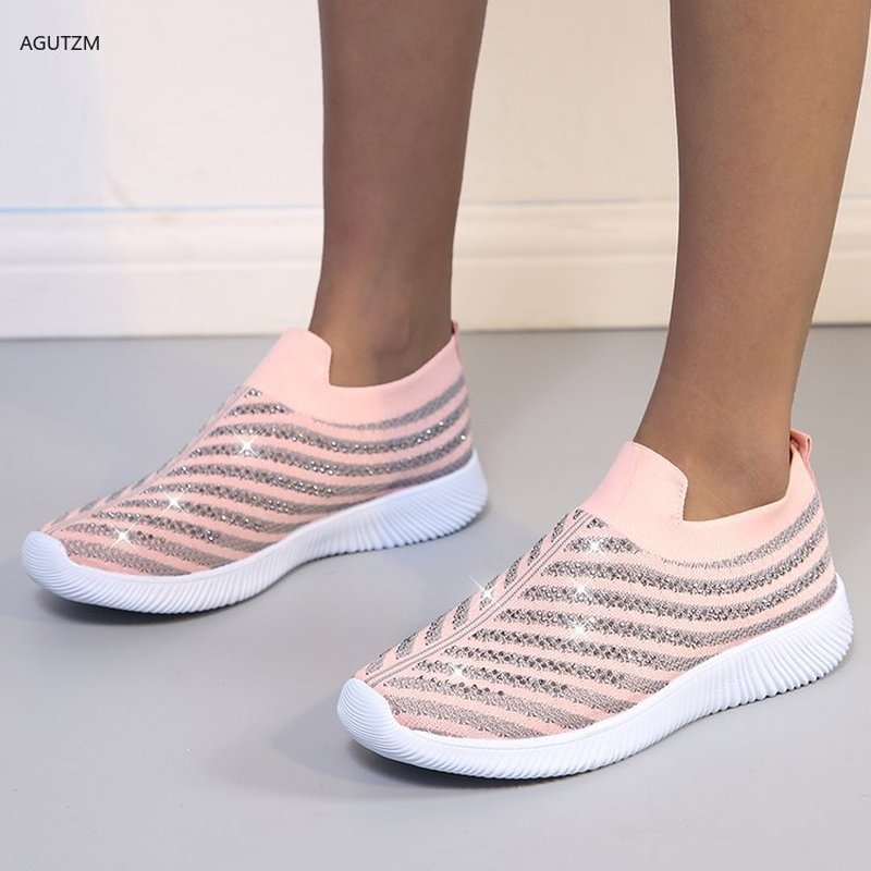 AGUTZM Women's Ladies Ankle Shoes Flat Loafers Crystal Bling Sneakers Casual Ladies Slip On Breathable Casual Shoes h41