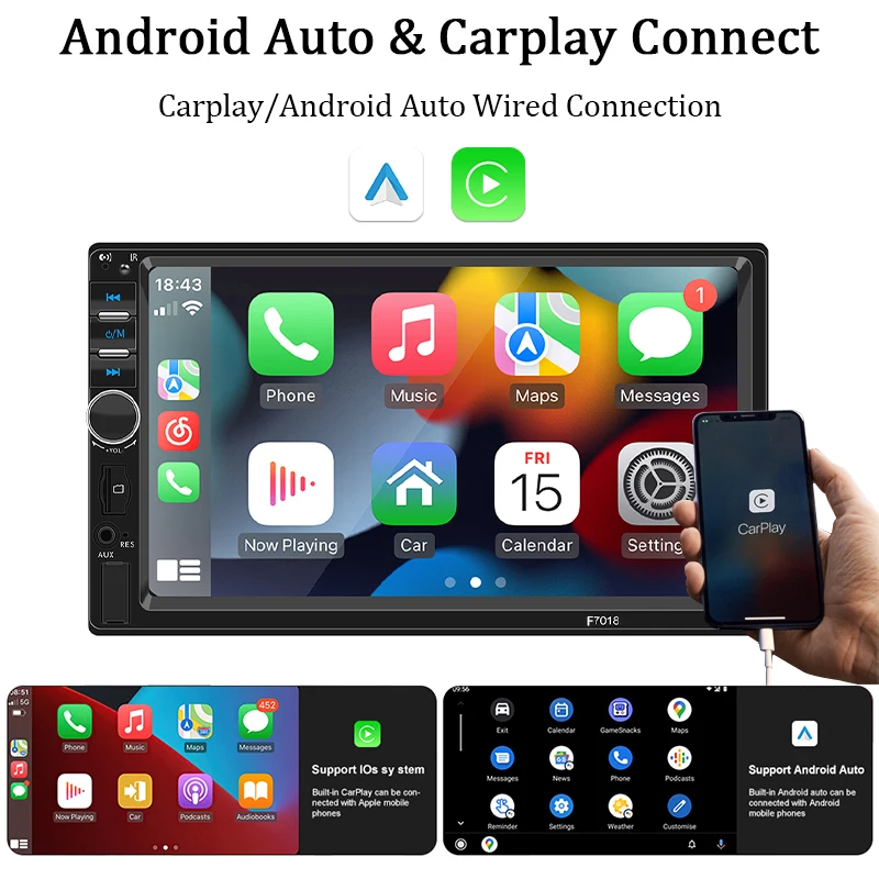 Radio de coche de 7 pulgadas, 1 Din, Carplay, Android, reproductor Multimedia para coche, pantalla táctil HD, Bluetooth MirrorLink, Autoradio Universal, entrada FM AUX