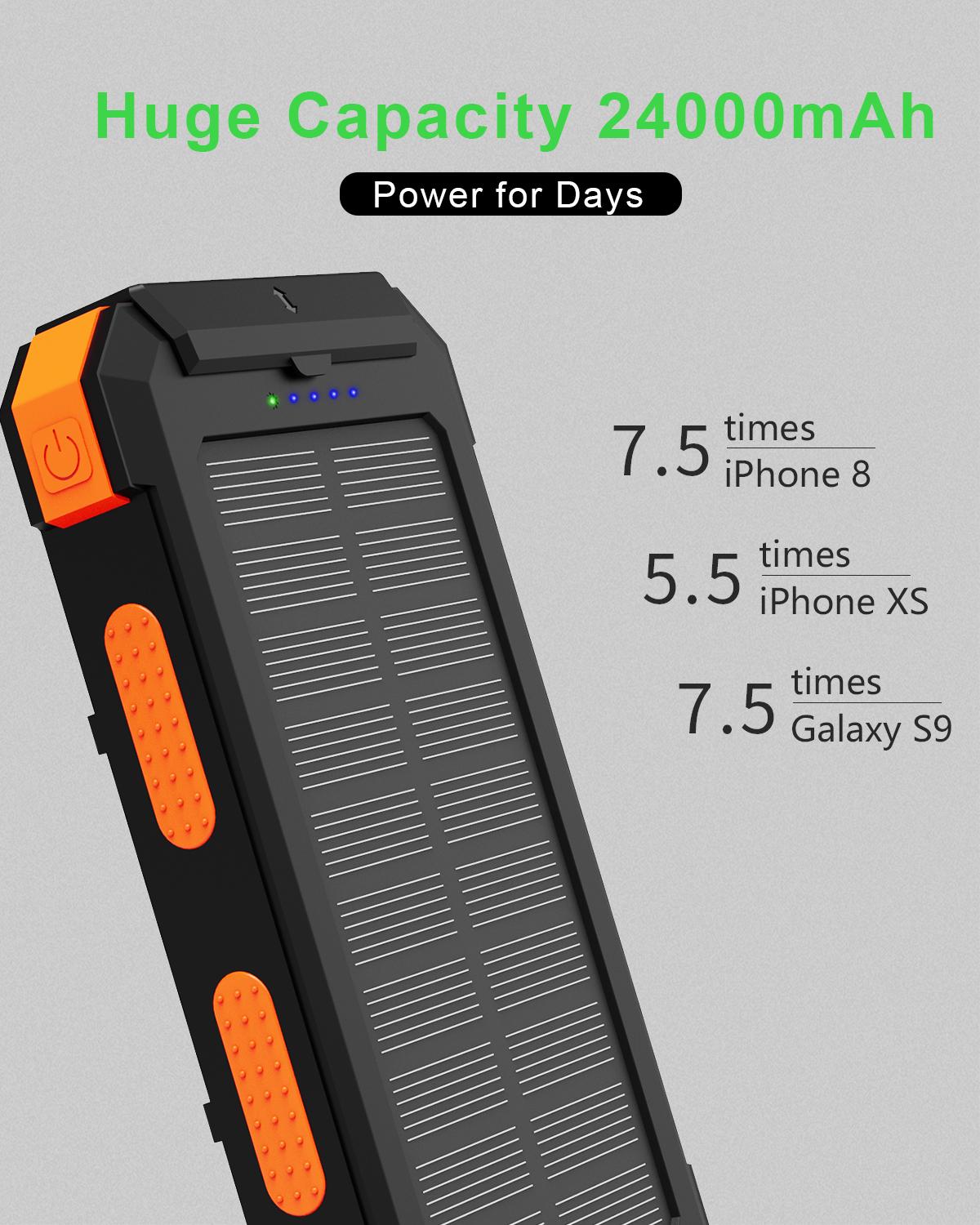Solar Power Bank 24000mAh Wasserdichte Tragbare Solar Ladegerät mit Kompass Dual Taschenlampe und Dual USB für iPhone iPad Samsung