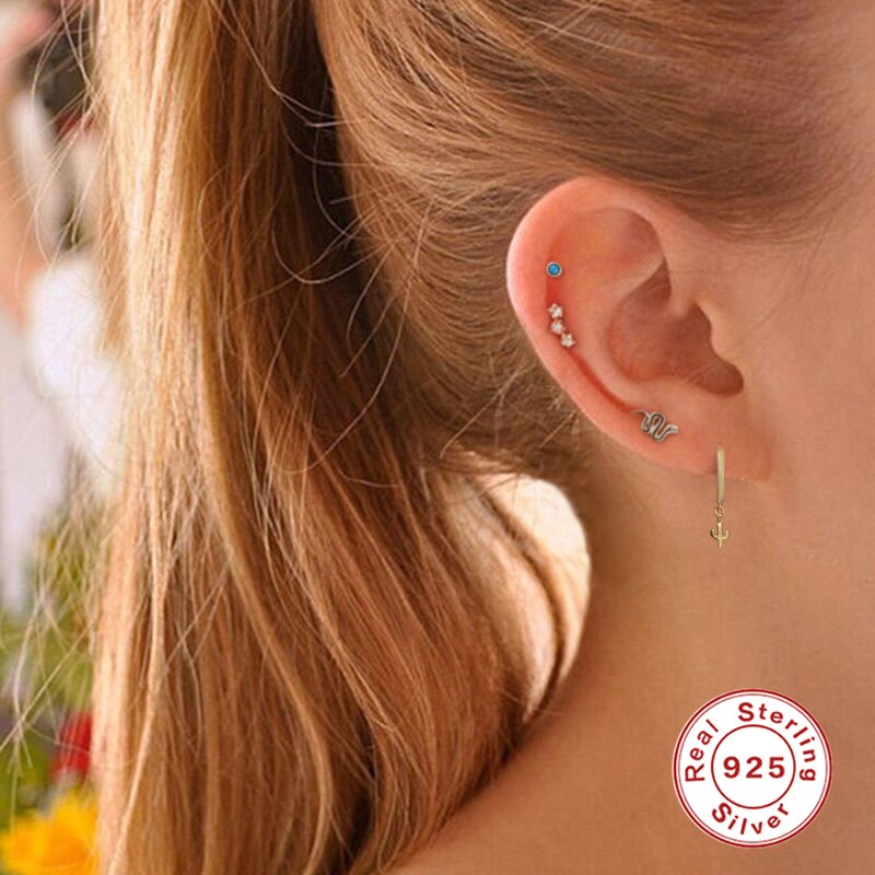 Pendientes de plata de ley 925 auténtica para mujer y niña, aretes de estrella de circonita, Color dorado y plateado, Huggie, Arete de aro, A30