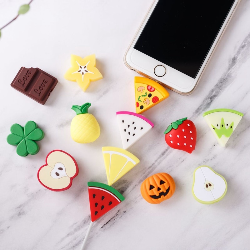 Zachte Leuke Cartoon Fruit Kabel Bite Telefoon Oplader Kabel Protector Cord Data Line Cover Versieren Smartphone Draad Accessoires