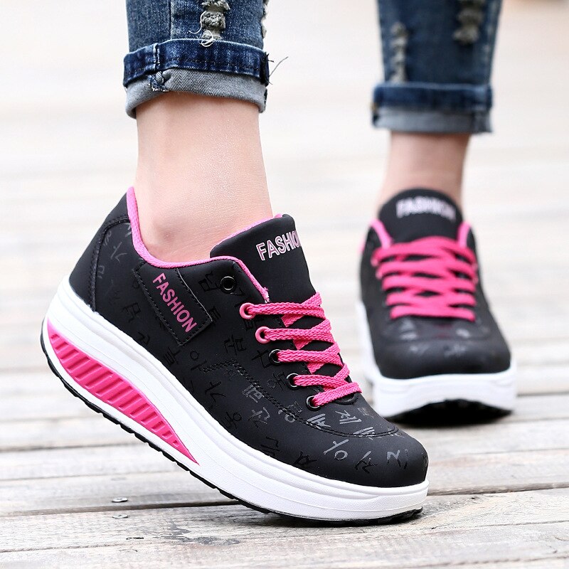 PU Lacing Women Toning Shoes 5.5CM Thick Soles Height Increased Breathable Wedges Swing Sneakers Autumn Slmming Shoes