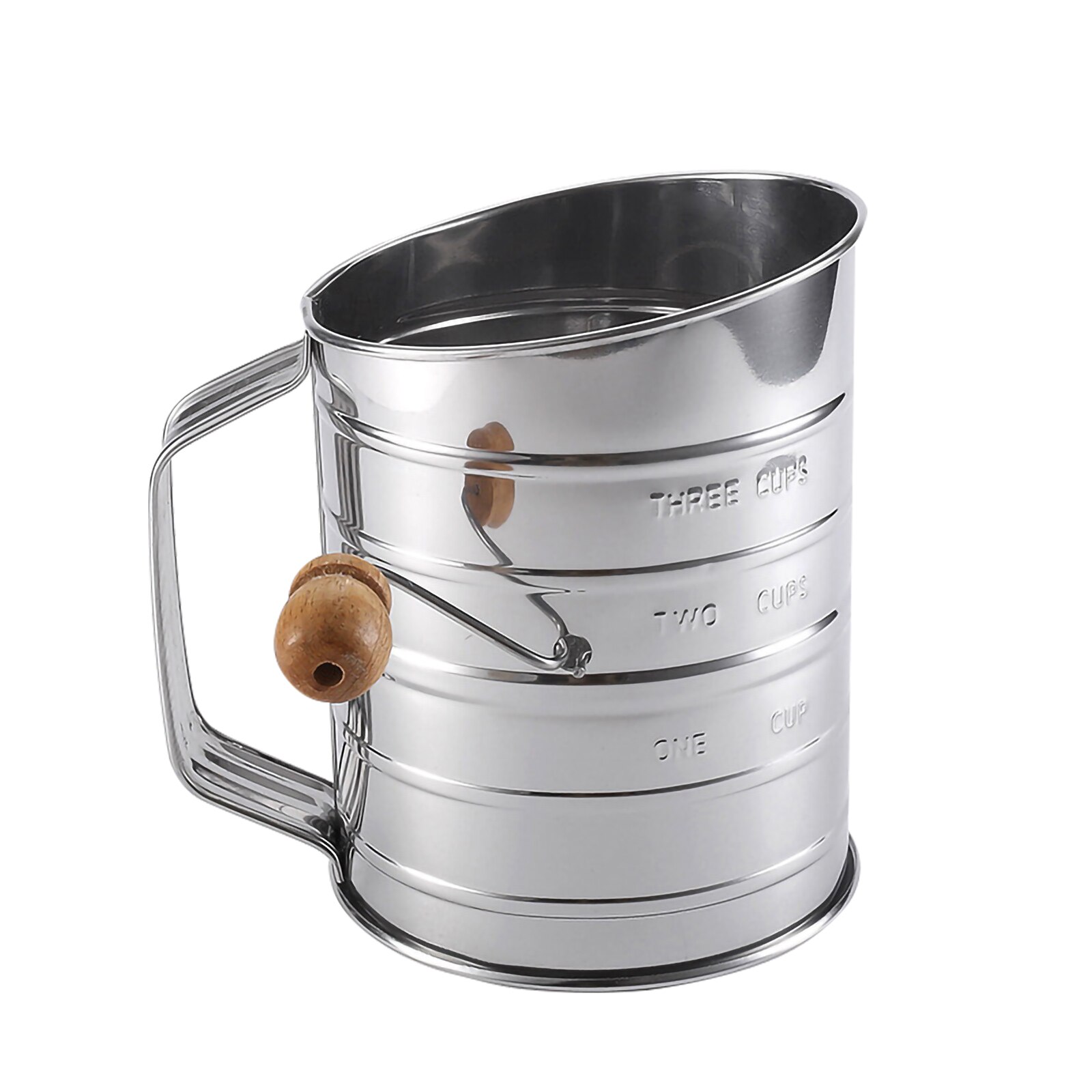 Flour Sieve Stainless Steel Hand Crank Single Layer Mesh Screen with Scale Angled Baking Tool