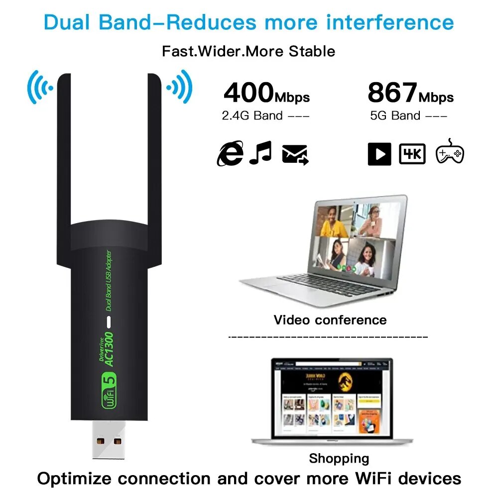 1300Mbps WiFi USB Adapter Dual Band 2.4G/5Ghz Wi-Fi Dongle 802.11AC Krachtige Antenne Draadloze Ontvanger voor PC/Laptop Driver Gratis