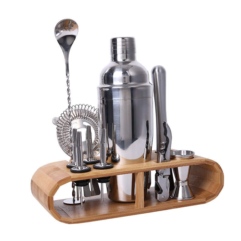 Service de Shaker pour Bar à Cocktail, en acier inoxydable pièces/ensemble, avec support en bois de bambou, 12 pièces