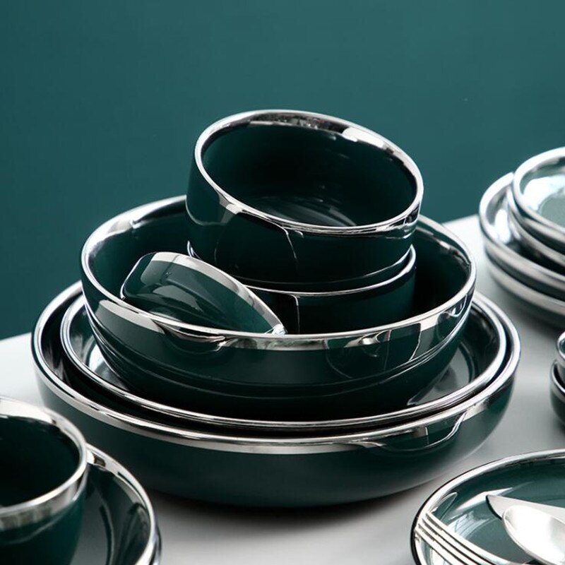 Zilveren rand retro nordic light luxe keramisch servies donkergroen servies serie hotel servies set westerse gerechten 1pc