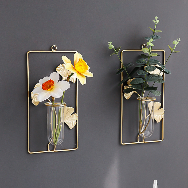 Metal Wall Vase Cylinder Flower Pot Gold Frame Wall Vase For Artificial Flower Glass Vase Wall Mount Flower Vase Home Wall Decor