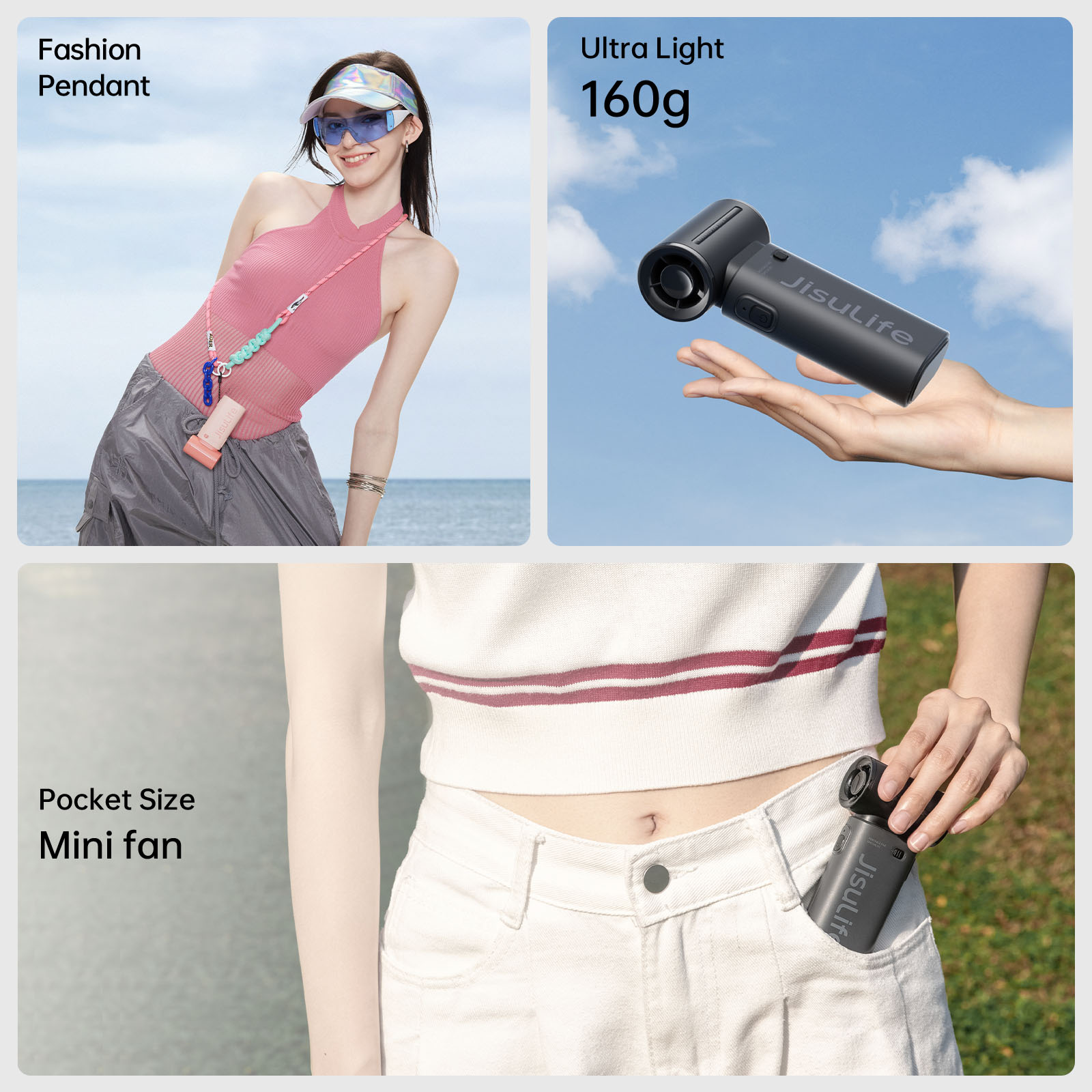 JISULIFE Hand-Turboventilator, superstarker Wind, 5 Geschwindigkeiten, lange Akkulaufzeit, 5000 mAh, wiederaufladbar über USB, Mehrzweck-Taschenventilator