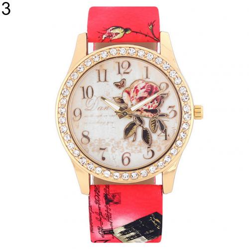 Mode Vrouwen Print Rose Patroon Strass Horloge Casual Klok Quartz Horloge Reloj Mujer Relogio Feminino Reloj Hombre Ladi: Rood