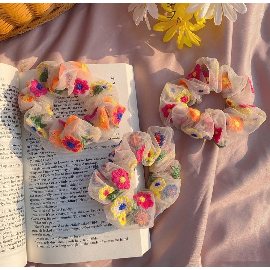 Xiaoboacc scrunchies korea zomer borduurwerk bloemen hoofdband haarkoord