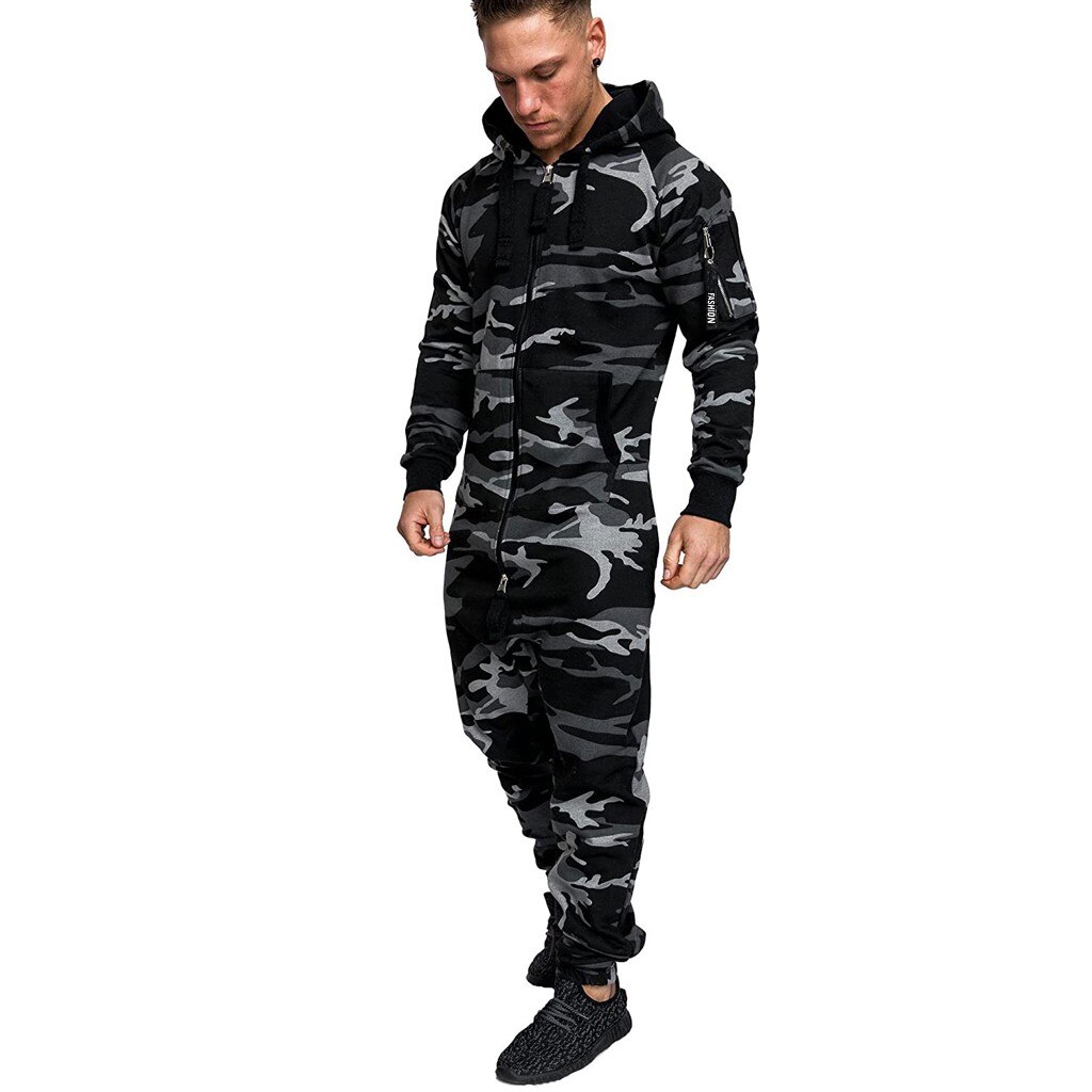 Los hombres camuflaje monos de Pijama de manga larga con capucha Casual Pijama de Hombre Ropa de otoño e invierno chándal pantalones Pijama Hombre: Gray / M