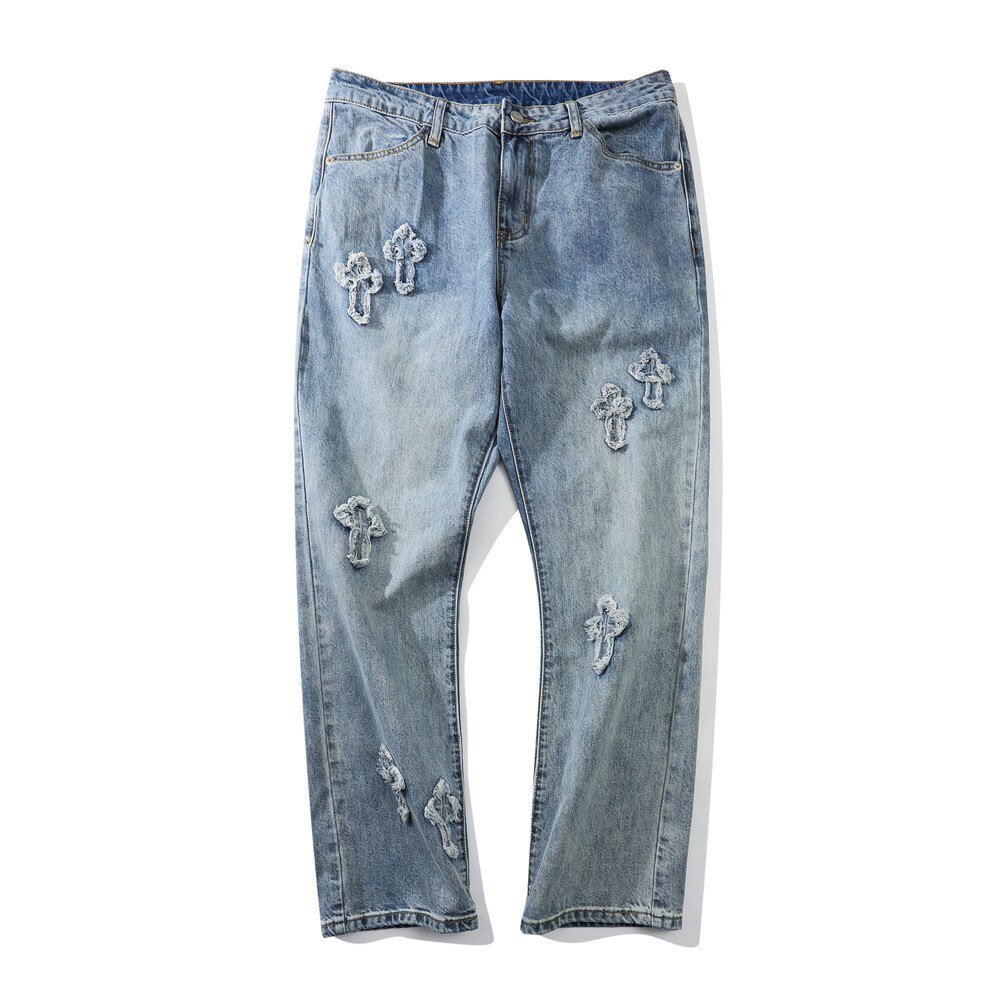 Kreuz Gestickte gewaschen Jeans männer Straße verlieren Gerade Beiläufige Breite Bein Jeans: S