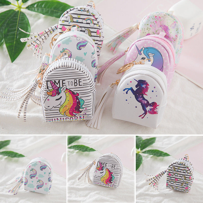 Nova moda adorável bolsas impressão unicórnio digital design borla moeda bolsa chave saco de cartão feminino coração presente