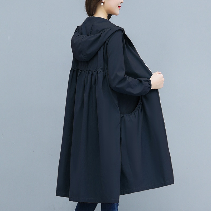 Lång kappa tunn trenchcoat dam 2022 vår höst stor storlek lös huva kvinnlig vindjacka fritids ytterkläder  r863