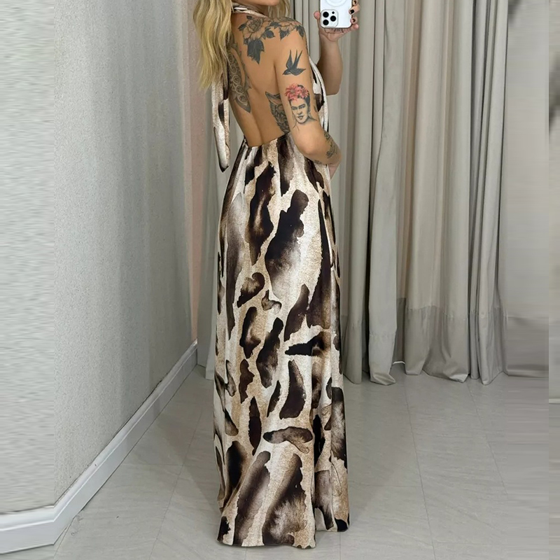 Leopardprint rygløs lang kjole sexet hængende hals ærmeløs løs festkjole kvinder plisseret strandkjole