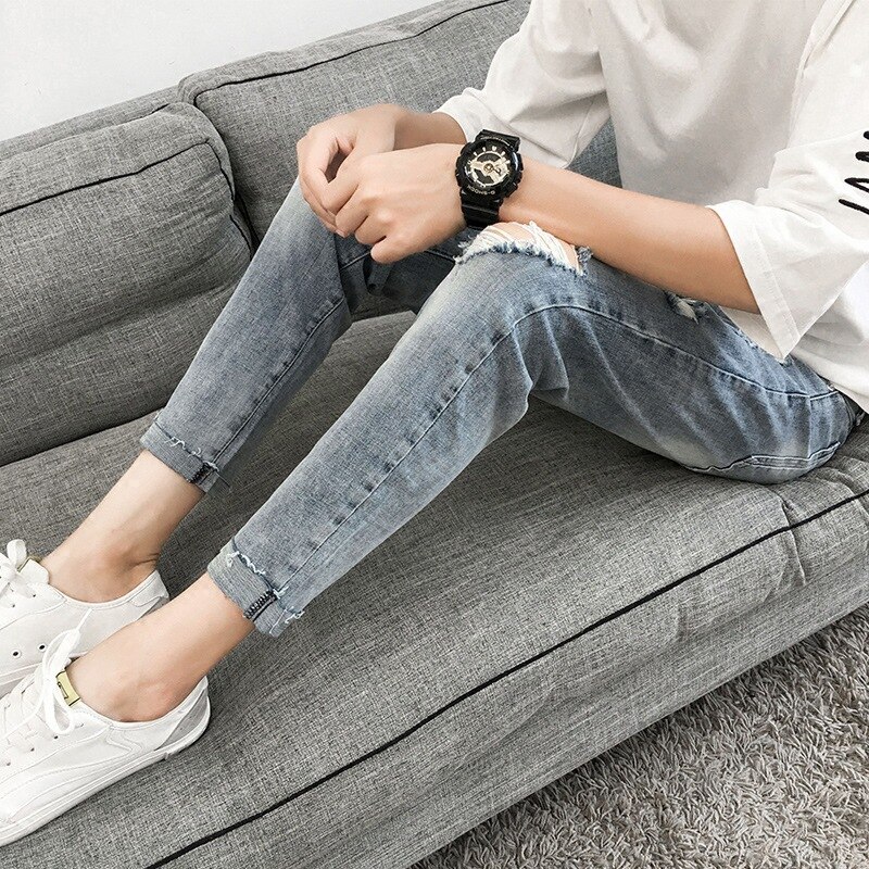 men's ripped jeans Slim fit feet all-match pants Korean style washed trendy beggar teenager pencil pants