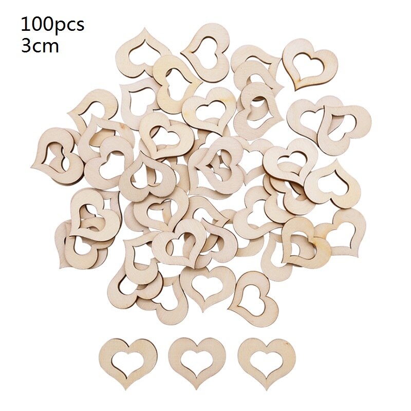 Lot de 1/2/3cm 100 en forme d'étoile en bois, cœur, vintage, chic, pour scrapbooking, décoration de table de mariage, saint-valentin: 3cm coeurs