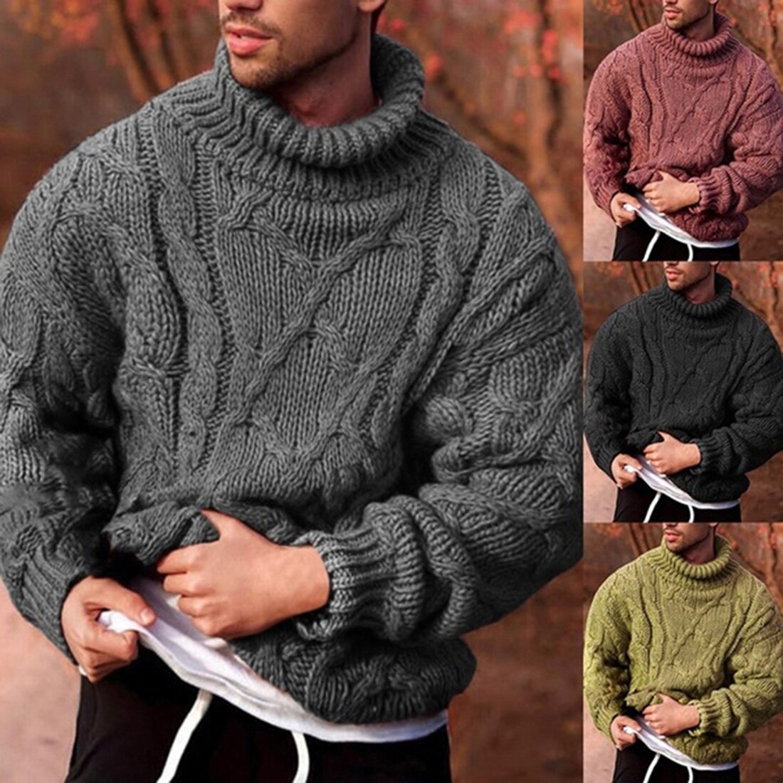 chandail hommes Pull tricots Pull Homme col roulé tricoté chandails décontracté couleur unie automne hiver