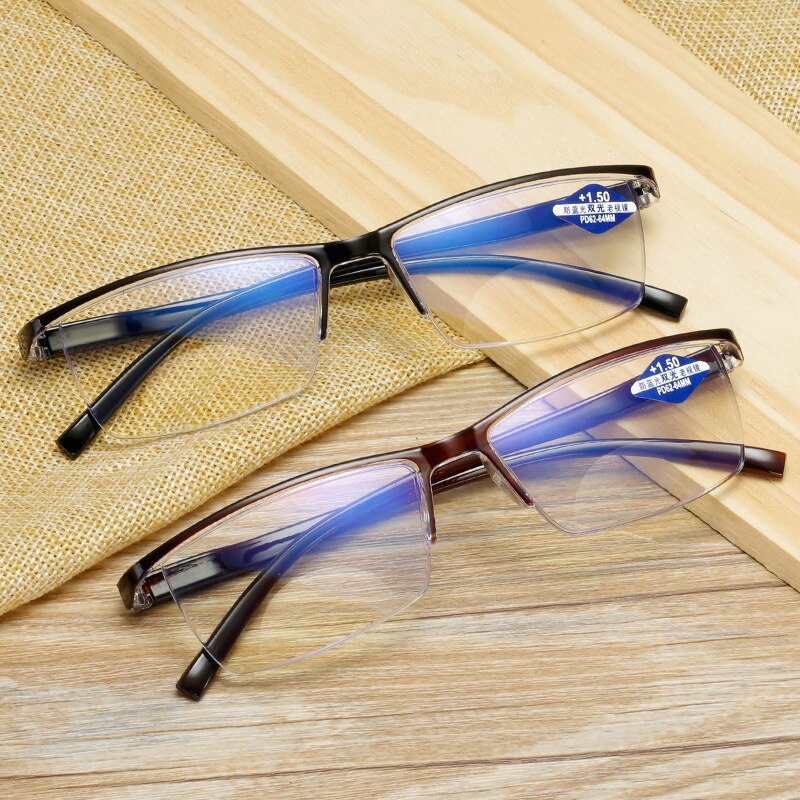 VCKA Anti-blue light Resin Reading Glasses Men Women Metal Half Frame Hyperopia Eyeglasses +1.0 1.5 2.0 2.5 3.0 3.5 4.0 Diopter