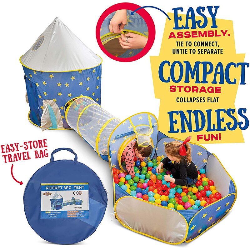 3 In 1 Kids Rocket Tents Crawl Tunnel Ball Pit Children Castle Playhouse for Boys Girls Indoor Outdoor Children&#39;s Tent