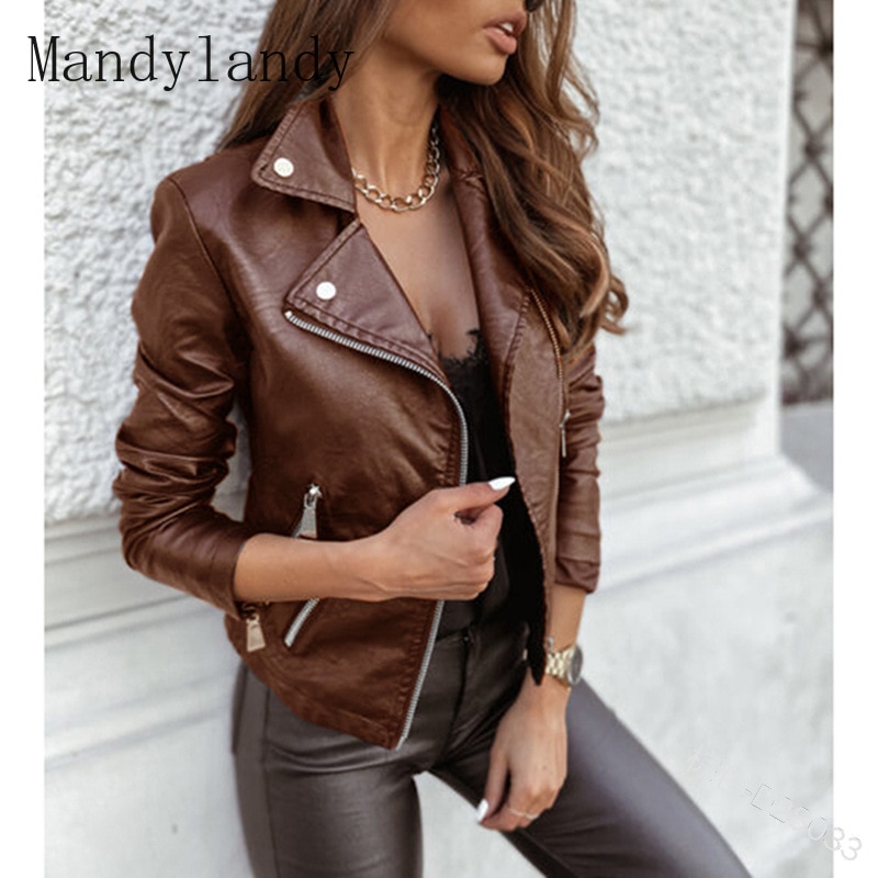 Mandylandy Autumn Faux Leather Long Sleeve Slim Fit Solid Color Jacket Women's Casual Zipper Turn-down Collar Jacket