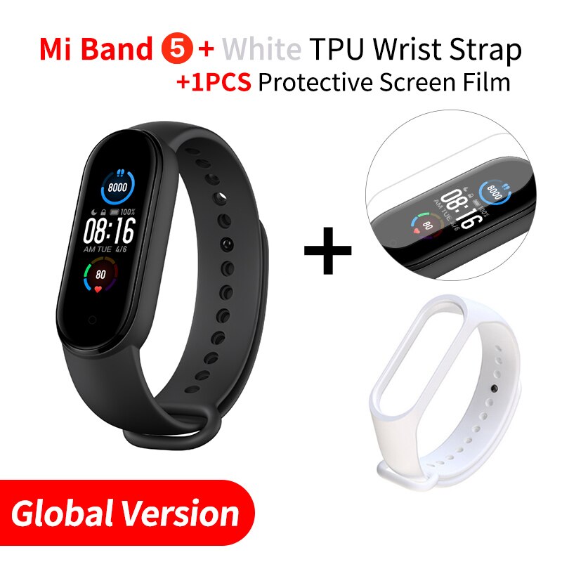 Global Version Xiaomi Mi Band 5 Smart Bracelet AMOLED Dynamic Color Display Bluetooth Sport Fitness Tracker Fitness Smartband: EN Add White Strap