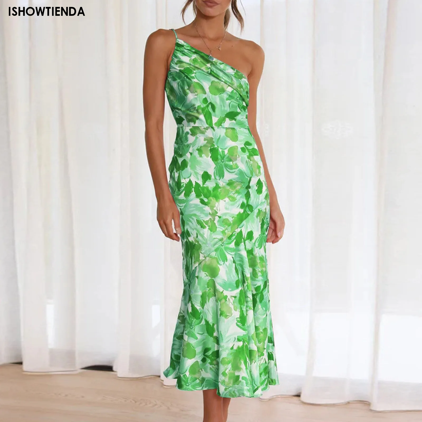 Stilvolles Fischschwanz kleid mit schrägem Hals riemen elegantes Kleid mit exquisiter Farbe und Blumenmuster