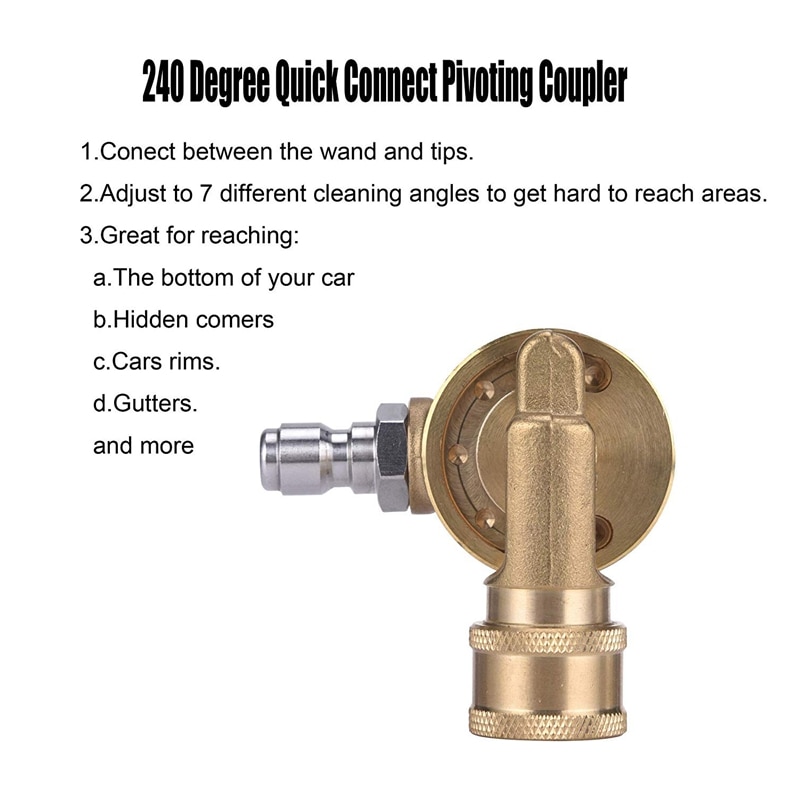 Pivoting Coupler for Pressure Washer Nozzle, Gutter Cleaner Attachment for Gutter Cleaning, 240 Degree, 4500 Psi, 1/4 Inch Quick